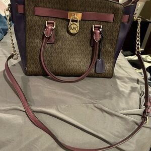 Michael Kors Purple and Brown Satchel with Gold Accents